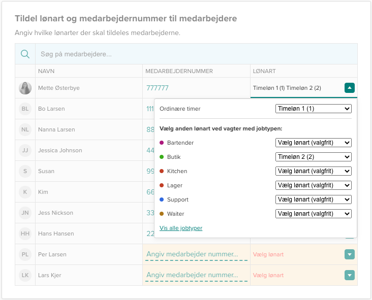 Udbetal løn baseret på jobtyper