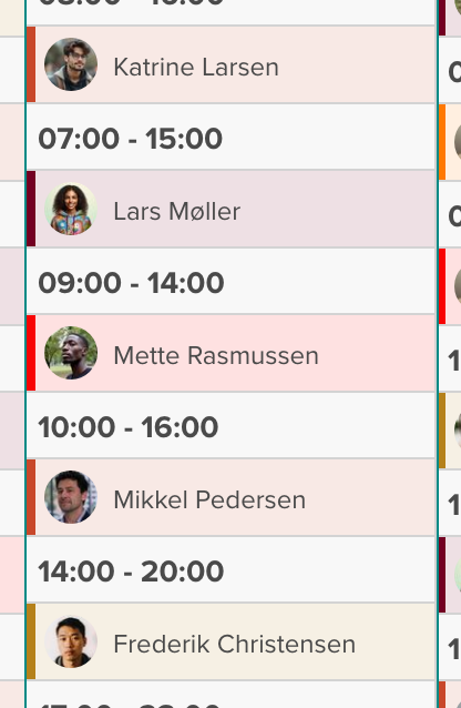 Vagter farvet efter jobtype — farverne fortæller hvem der står hvor