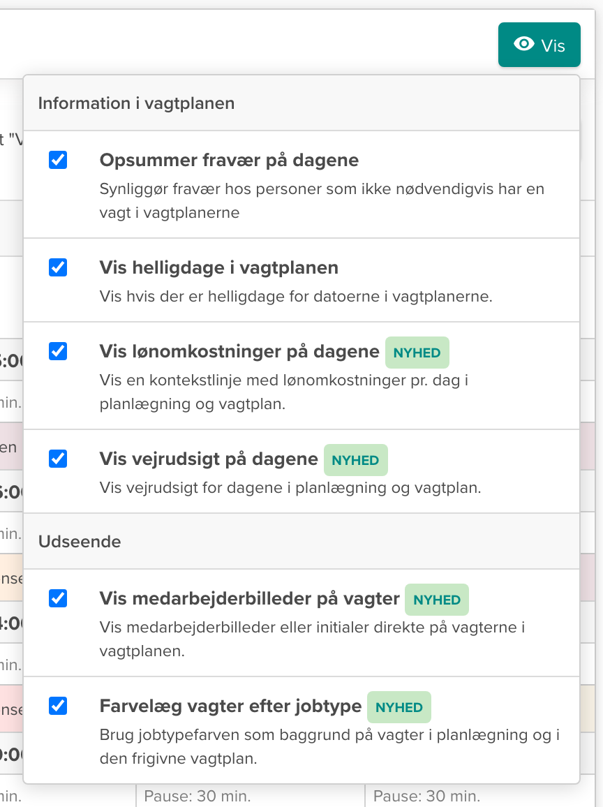 Visningsindstillinger med de nye funktioner markeret som NYHED