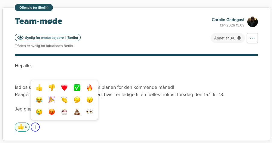 Reaktioner på beskeder i Smartplan med emoji-reaktioner på en teambesked