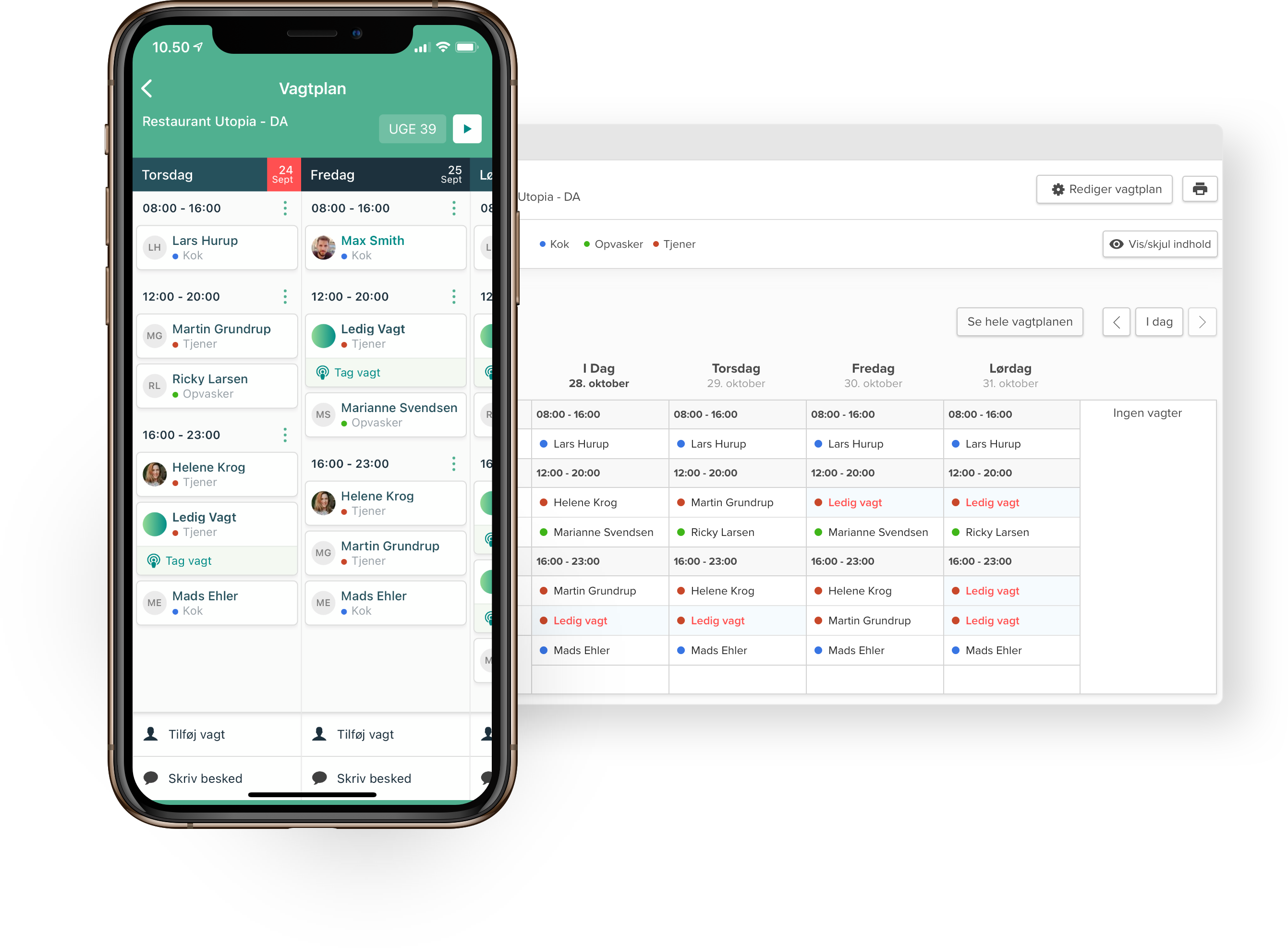 Billede af en vagtplan på app og PC