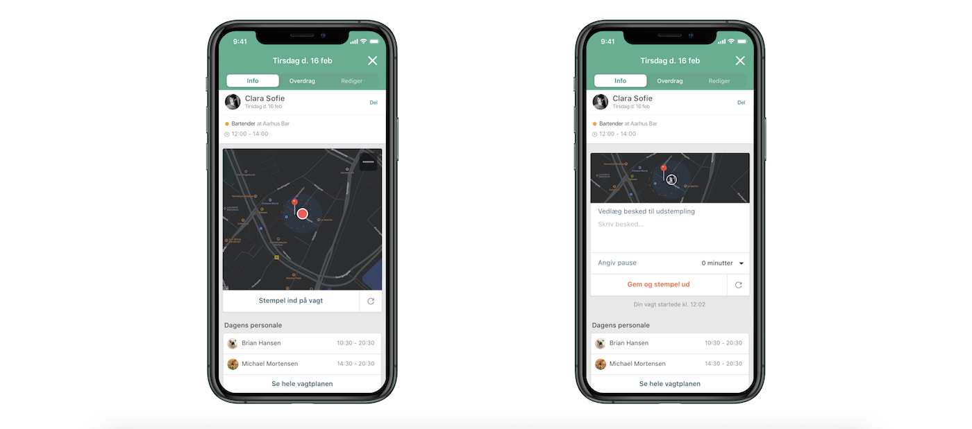 To mobiler der viser stempeluret i Smartplan appen